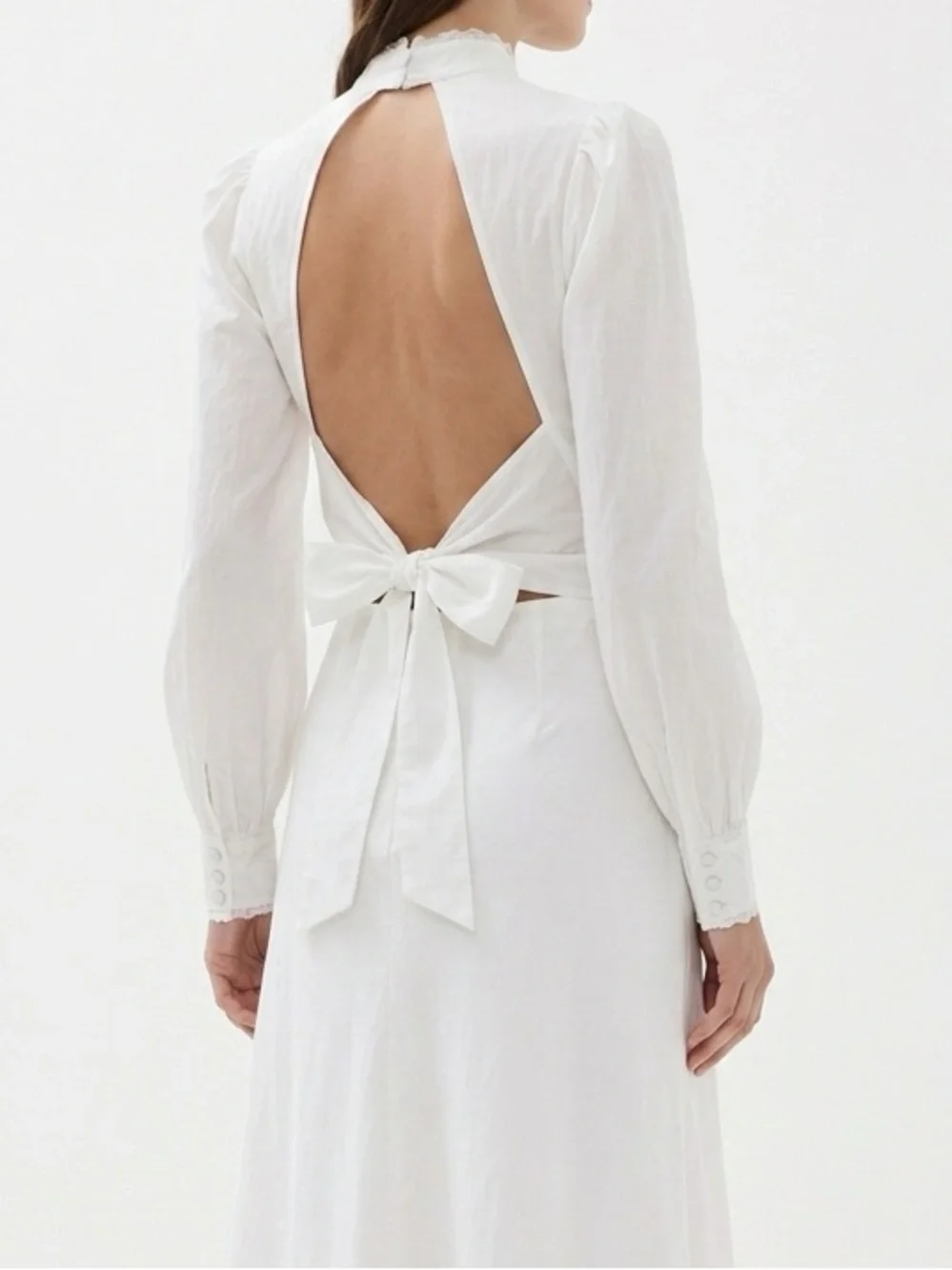 Reformation White High-Neck Long Sleeve   Tie Back Blouse Top Sz S
